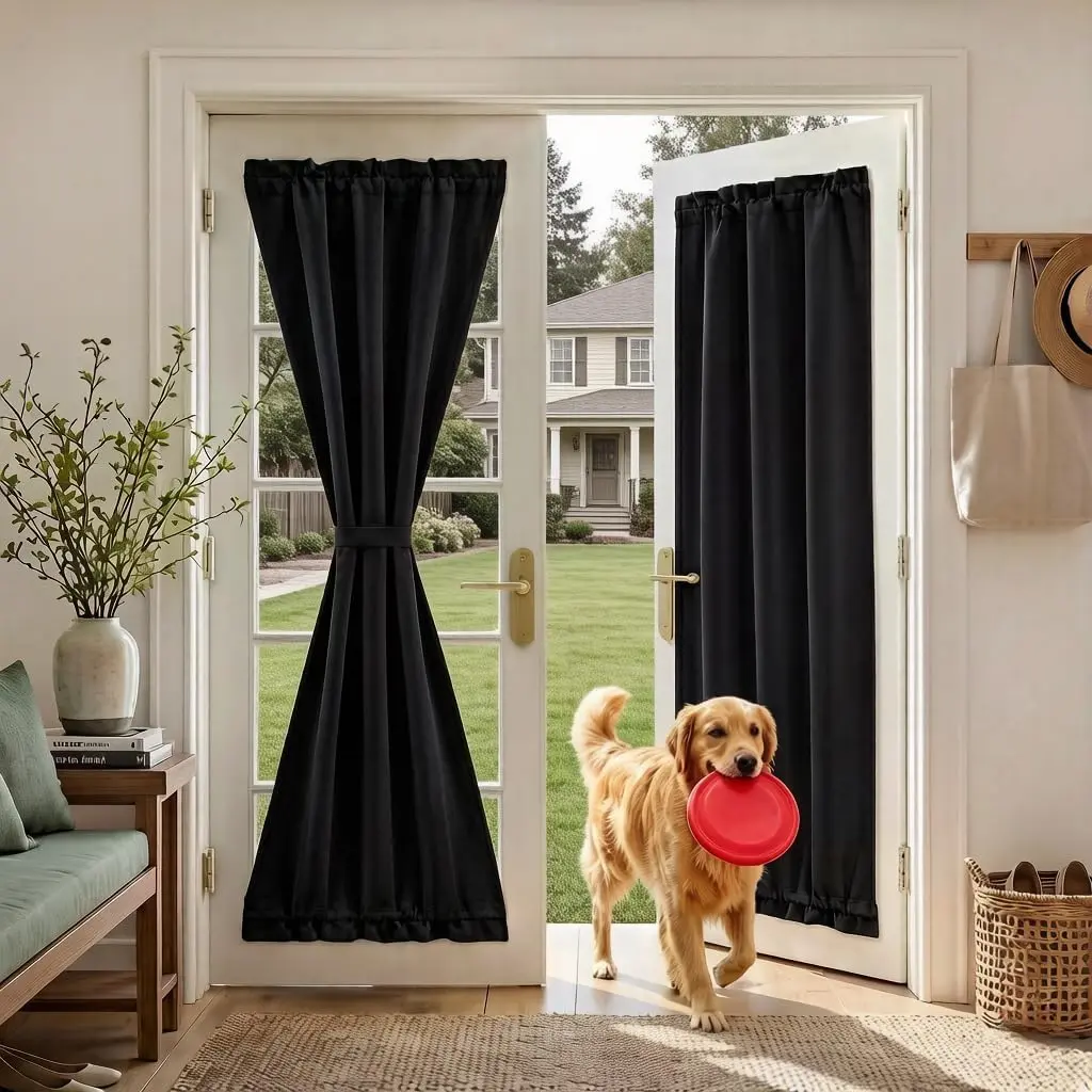 100% Blackout French Door Curtain for Door Window with Dual Rod Pocket No Coating - Privacy Assured Thermal Insulated Room Darkening Drapes for Sidelight Window, W 26 x L 72, 1 Panel, Black
