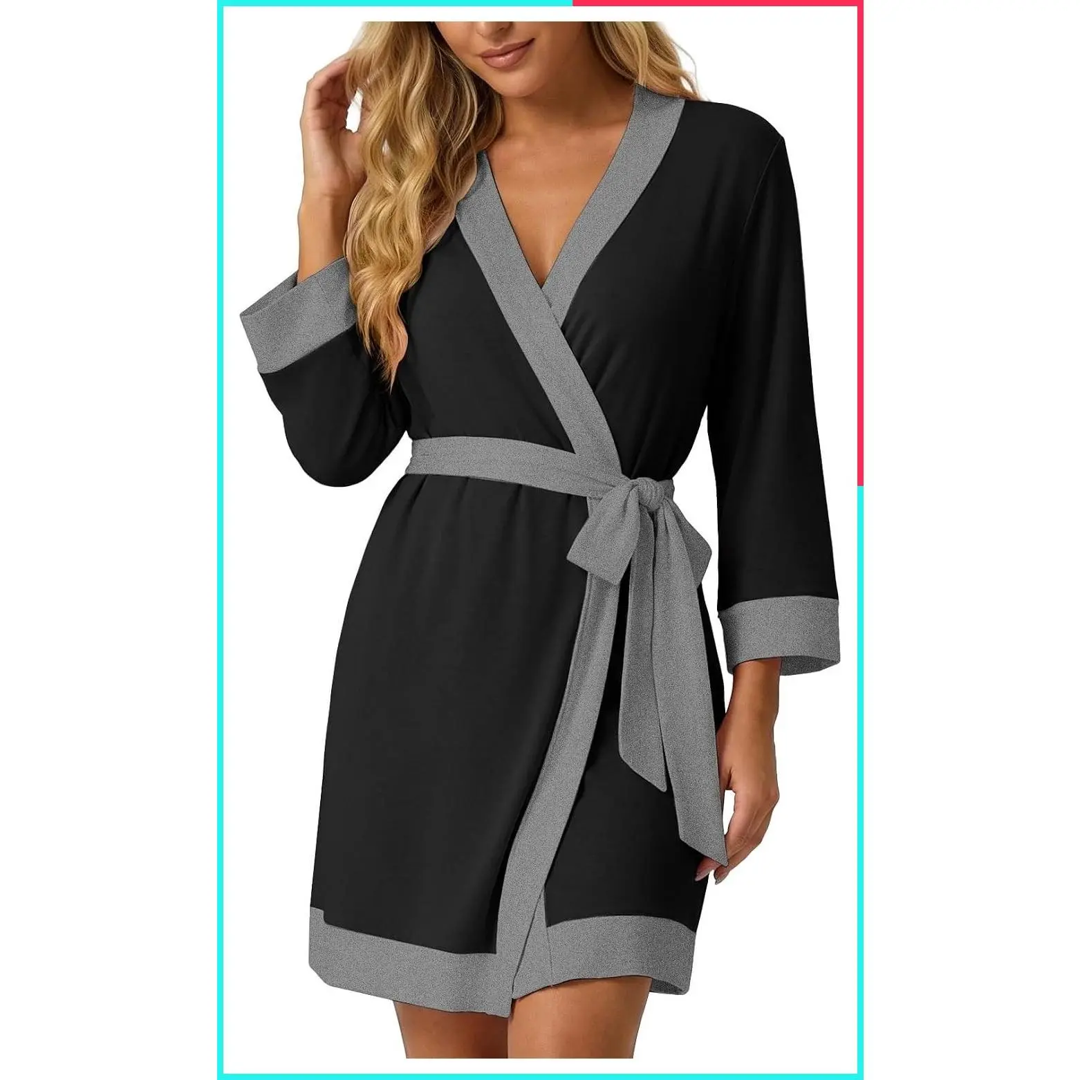 Women's Summer Lightweight Short Bathrobe S-2XL, Knee Length Lounge Robe, 3/4 Sleeve, Breathable and Stretchy Fabric, Soft Sleepwear