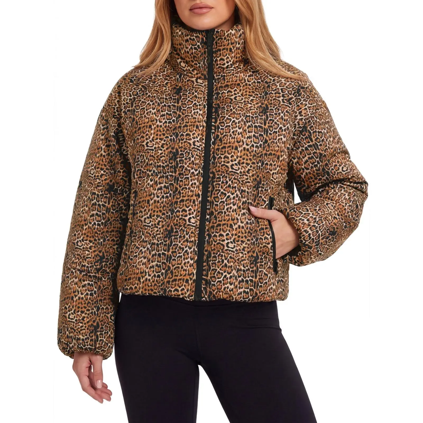 Aoysky Women Leopard & Gingham Print Cropped Puffer Jacket, Stand Collar Zip Up Short Padded Coat with Adjustable Hem Drawstring for Fall Winter Casual Outerwear