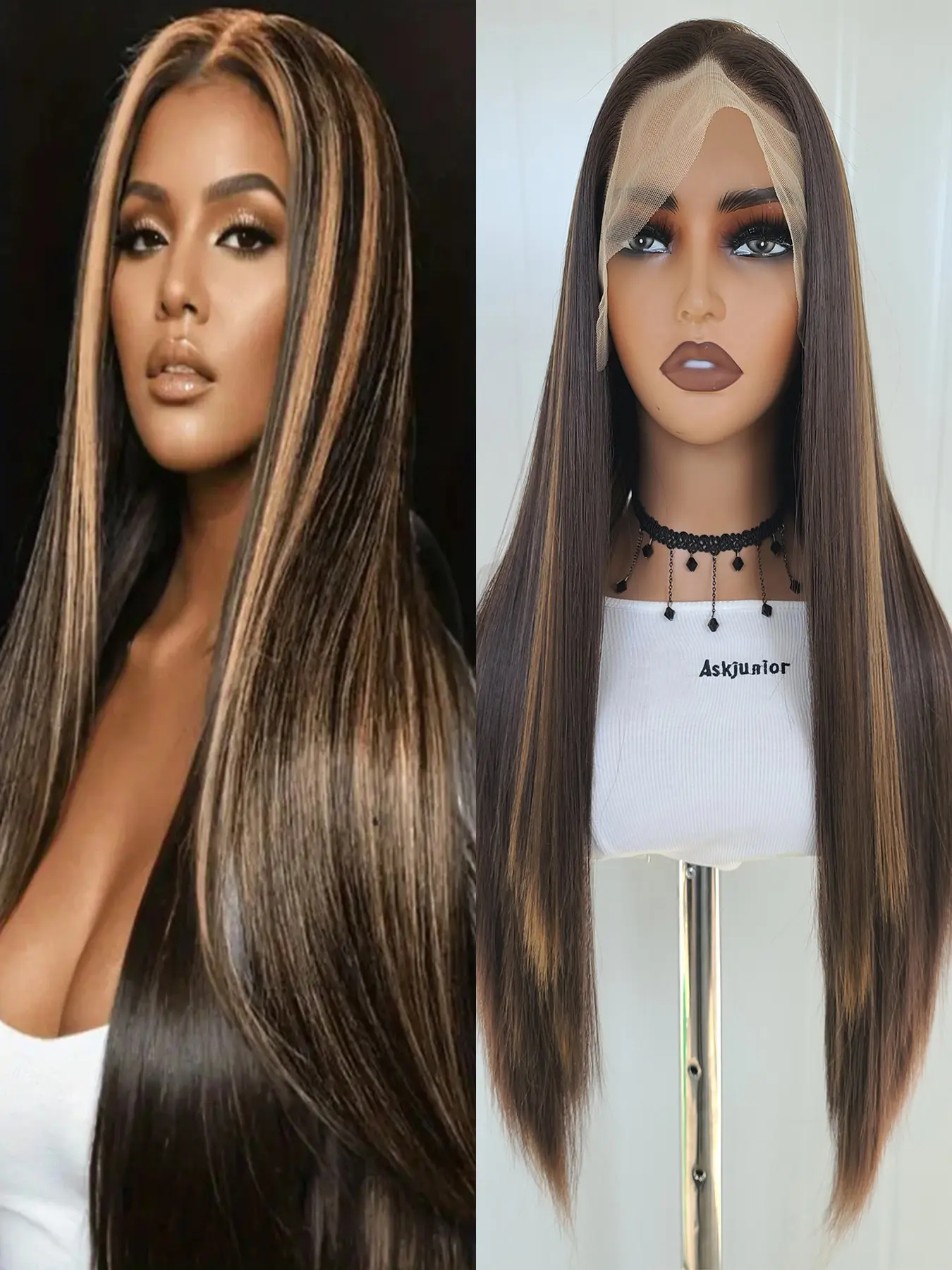 Blonde Highlights Synthetic Wig, Long Straight Wig for Women, Dark Brown Wigs, Women's Fashion Wig, 13x4 Front Lace Wig, Premium Synthetic Hair, Heat Resistant Fiber, Women's Daily Party Wedding Halloween Dance Wig