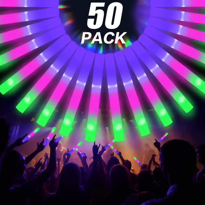 Multi-Color LED Glow Sticks, 50-Pack Plastic Foam Wands with 3 Lighting Modes - Battery Operated Party Favors for Parties, Festivals & Raves