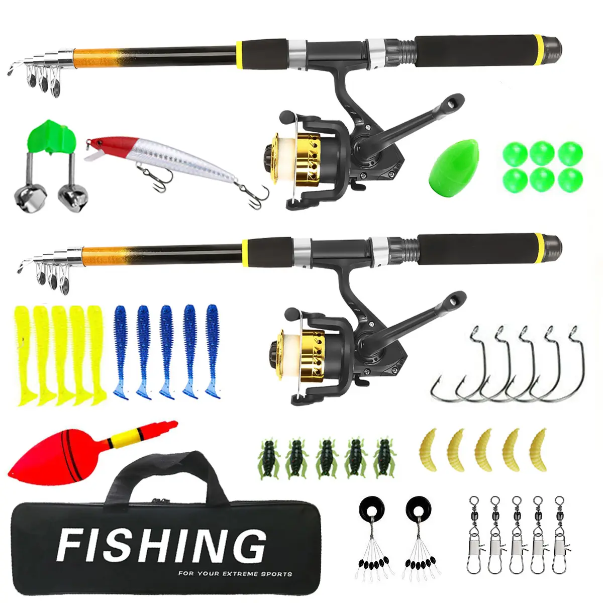 Double Rod Fishing Gear Set, Fishing Equipment, 1.8m /2.1m Glass Fiber Telescopic Rod with Line Spool Reel, Ideal for Beginners & Dual Anglers, Fishing Tackle Kit
