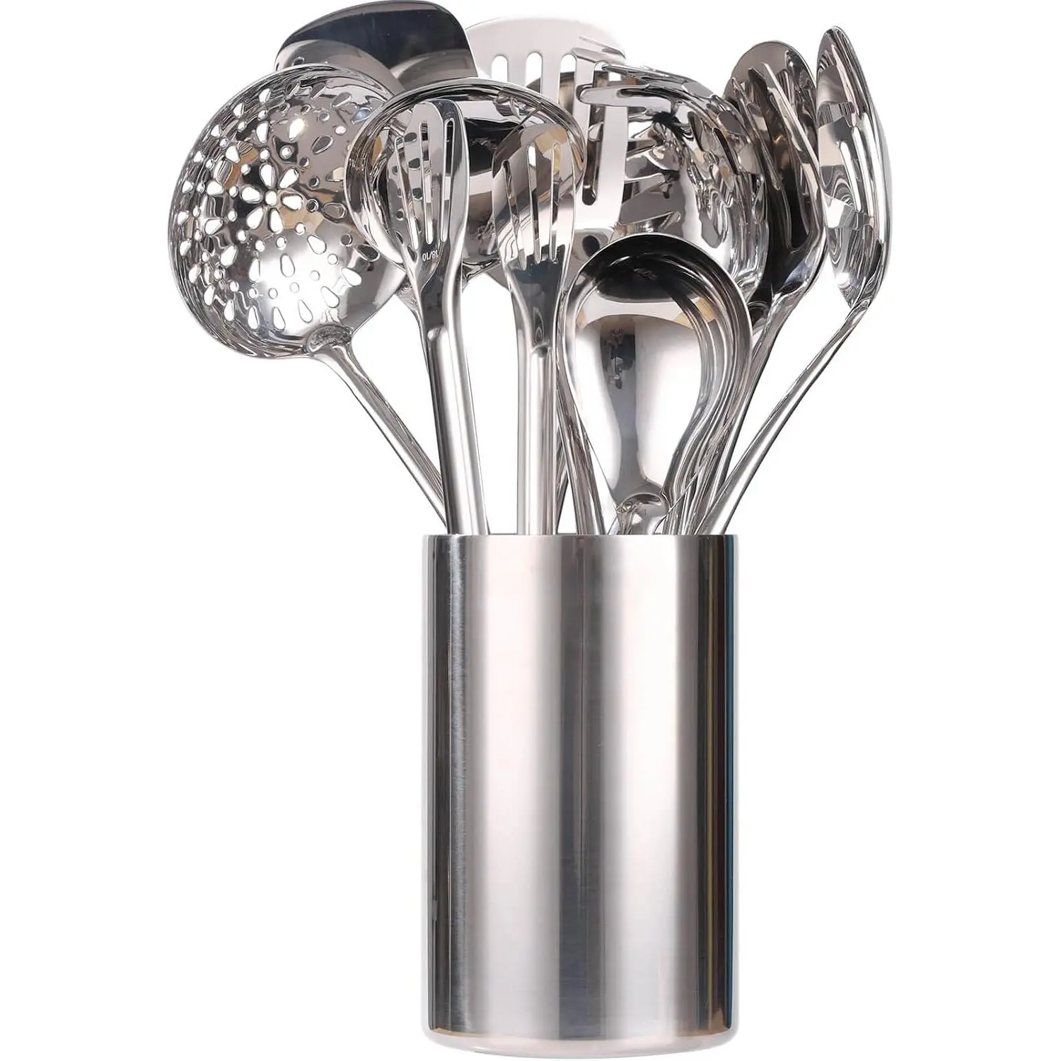 18/10 Stainless Steel Kitchen Utensils Set with Holder - 15″ Spatula Spoon Set with Storage Organizer for Countertop, Fork, Tongs, Spatula, Ladle, Skimmer, Turner, Spaghetti, Large Spoon Set of 12