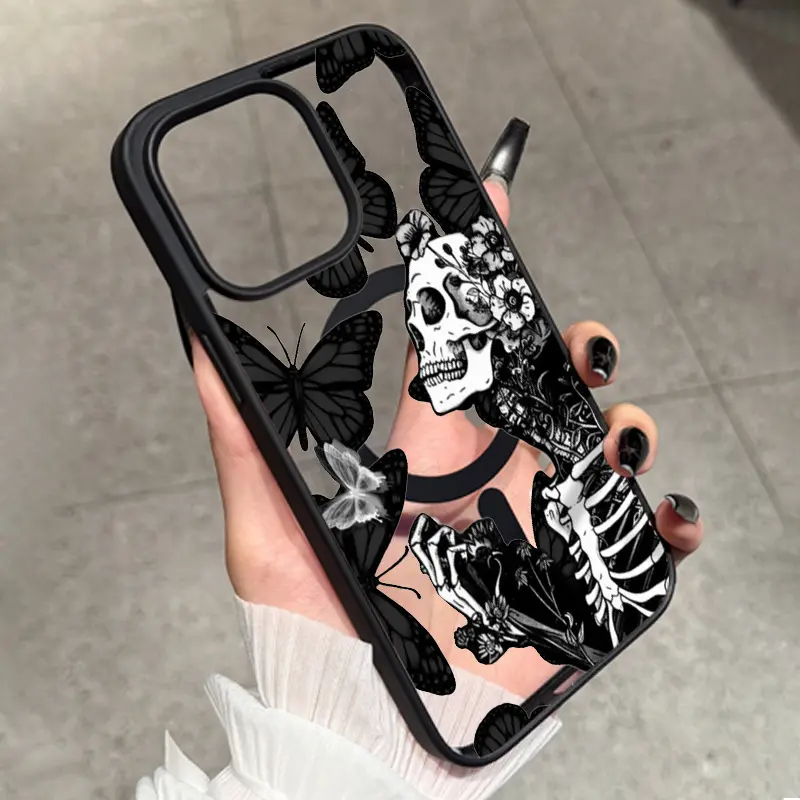 MagSafe Clear Phone Case Gothic Black White Skeleton Butterfly Wild Flower Pattern Anti-Fingerprint Soft Edge Anti-Drop Protective Cover For iPhone 17 16 15 14 13 12 11 XS XS Max 17Air Pro Plus Pro Max Samsung S26 S25 S24 S23 S22 S21 FE Ultra Plus