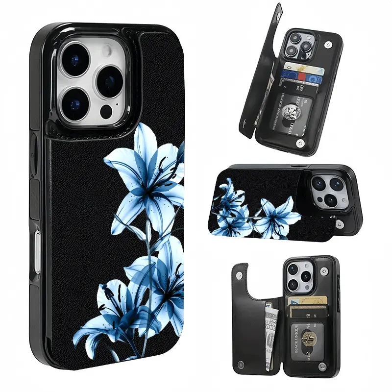 Translucent Blue Lily Floral Card Holder, This phone case features a card slot function, can store bank cards, transit cards and other cards, suitable for iPhone 17/16/15/14/13/12, and makes a great gift for girls.