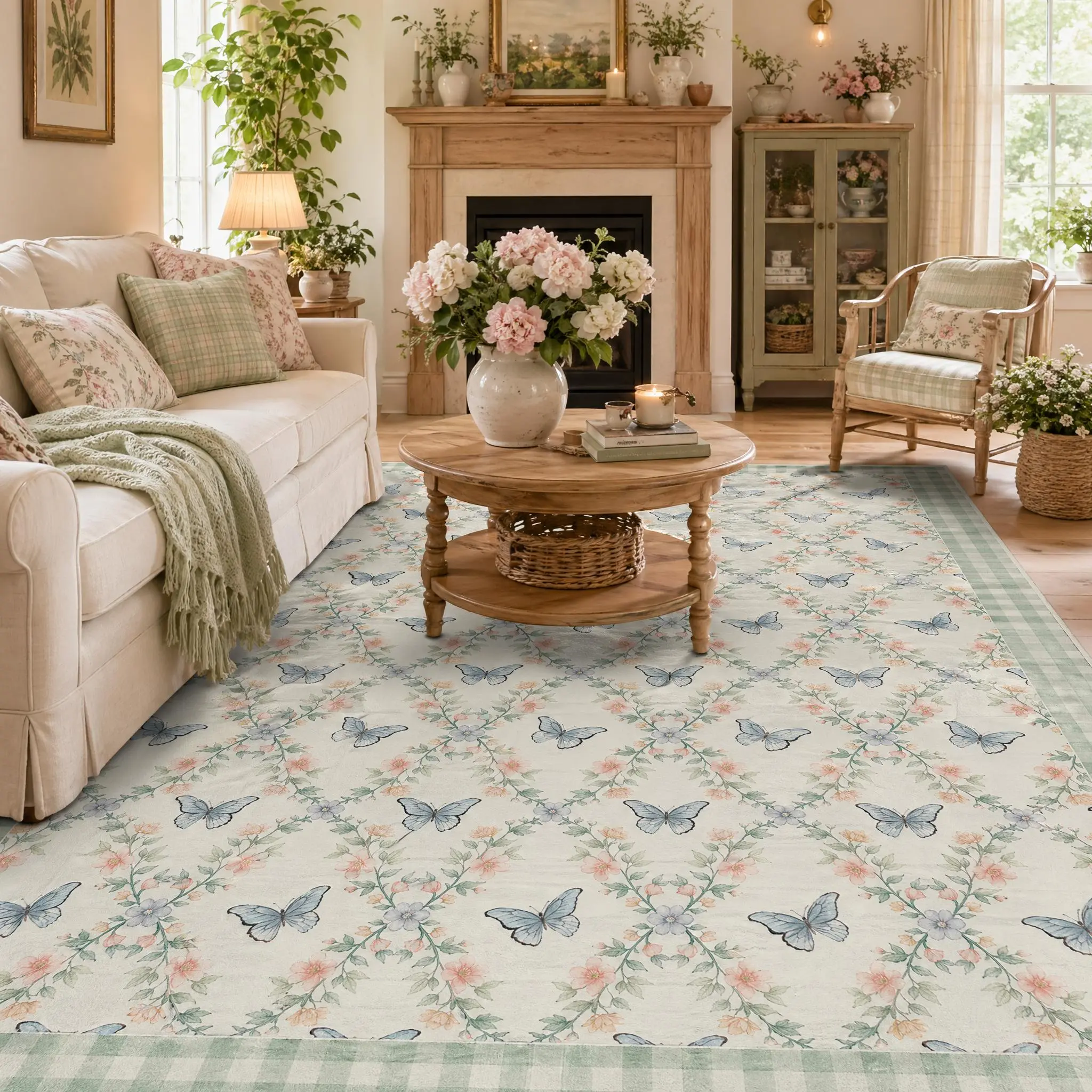 Pastoral Butterfly Floral Diamond Lattice Thin Low Pile Area Rug Non Slip Machine Washable Soft Pet Friendly Durable Modern Farmhouse Indoor Carpet for Living Room Bedroom Kitchen Dining Hallway Office Apartment High Traffic Rugs