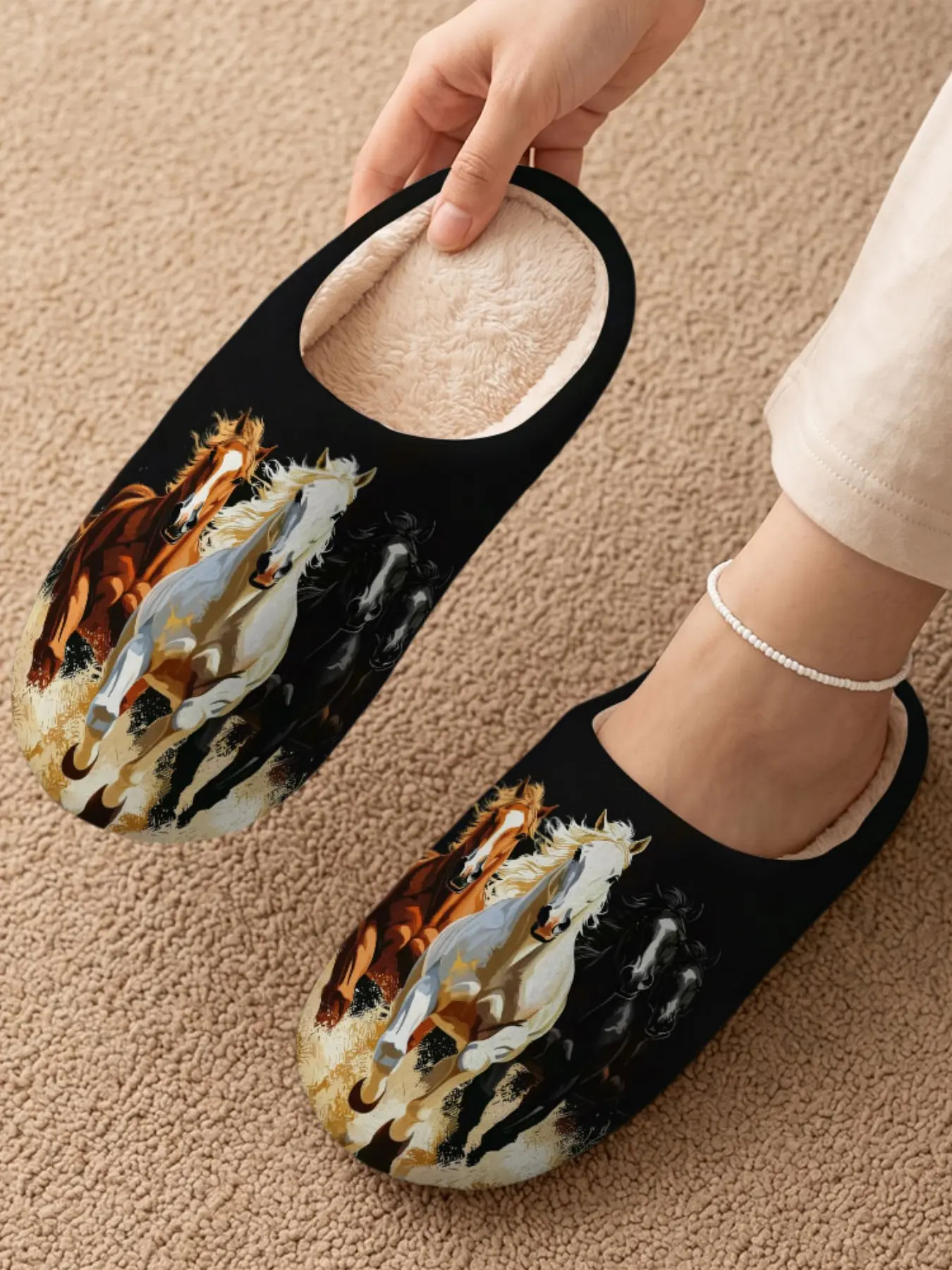 Women's Halloween Theme Plush Slippers, Butterfly Flower/cute Cat/running Horse/ Spider/gingerbread Candy Mix Print, Fall Winter Non-Slip Warm Indoor Shoes