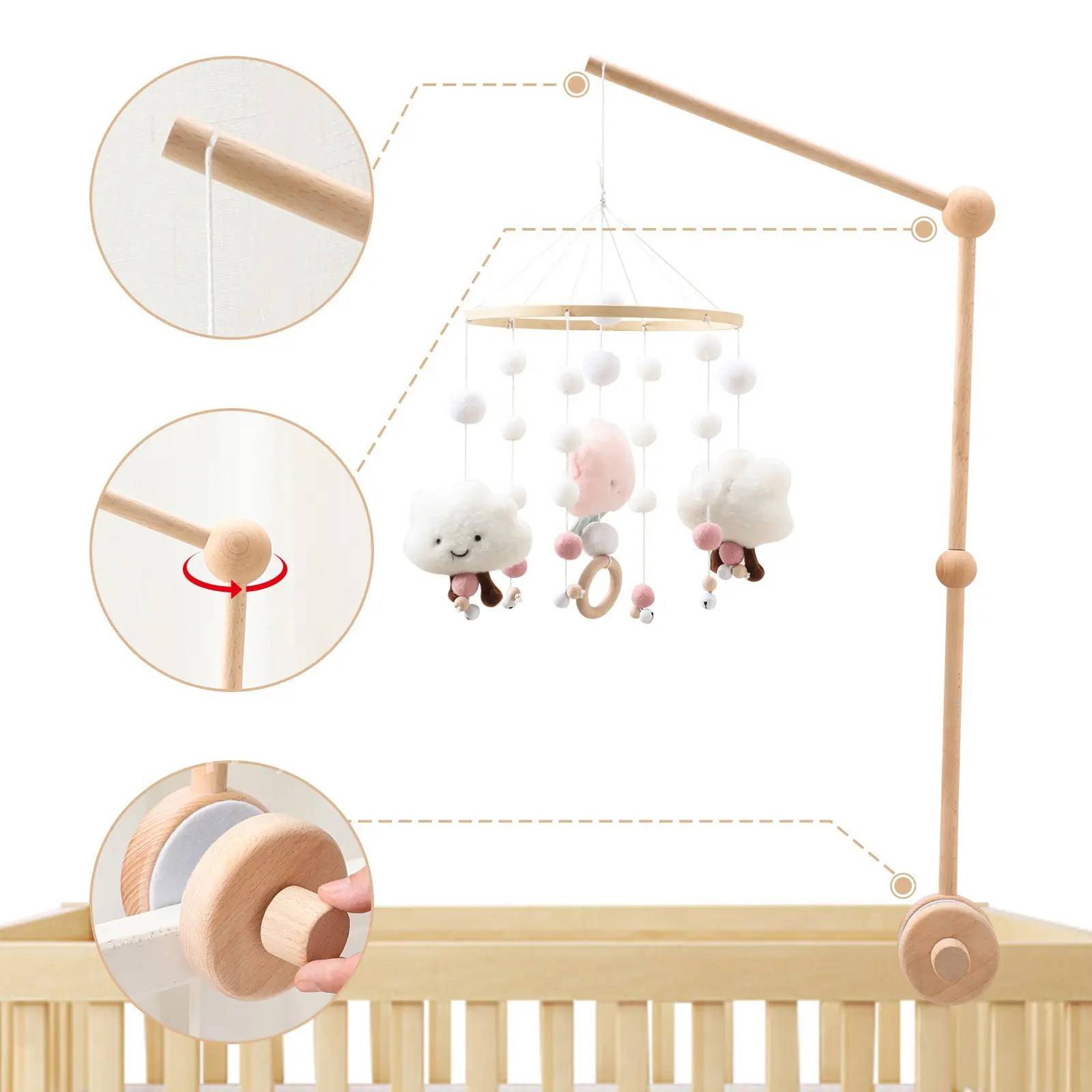 Adjustable Beech Wood Wooden Baby Crib Mobile Arm, 360° Rotatable Crib Mobile Holder Stand, Detachable Bed Bell Hanger Bracket for Newborn Nursery Decor, Universal Fit Fits Most Cots & Bassinets
