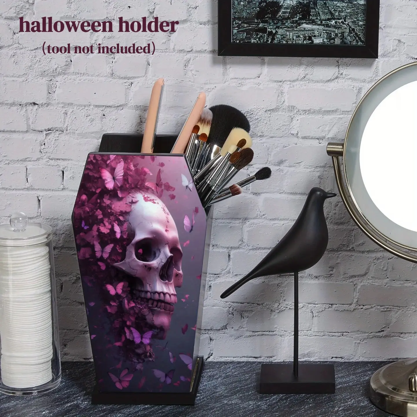 1pc Coffin-Shaped Kitchen Utensil Storage Holder Black with Skull And Butterfly Print for Halloween Decor And Day of The Dead Decor，Bathroom Organizer