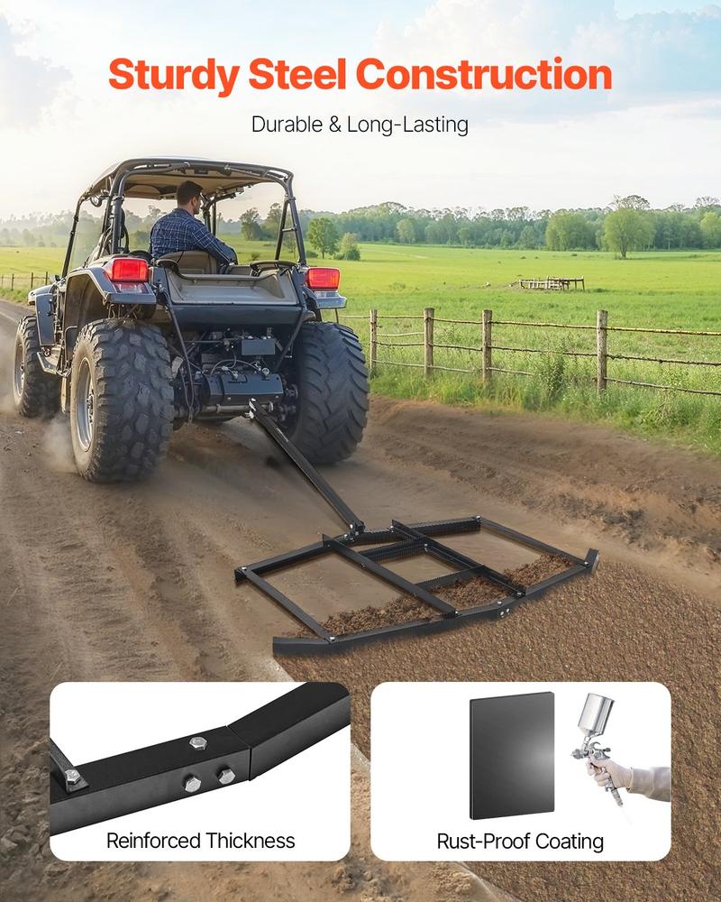 VEVOR Drag Harrow, 74" Width Tow Behind Drag Harrow, Q235 Steel Driveway Grader with Adjustable Bars & Pin Hitch, Support up to 50 lbs, Tractor Driveway Harrow for ATVs, UTVs, Garden Lawn Tractors