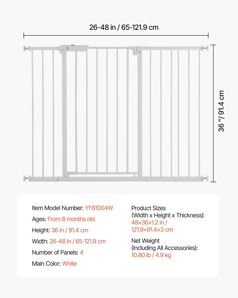 VEVOR Baby Gate, 26-48 Inches Adjustable Width, 36 Inches High Dog Gate, Easy Step Walk Thru, for Child Pet Security, Pressure Mount Kit, Wall Cups, One-Hand Open, for Stairs and Doorways, White