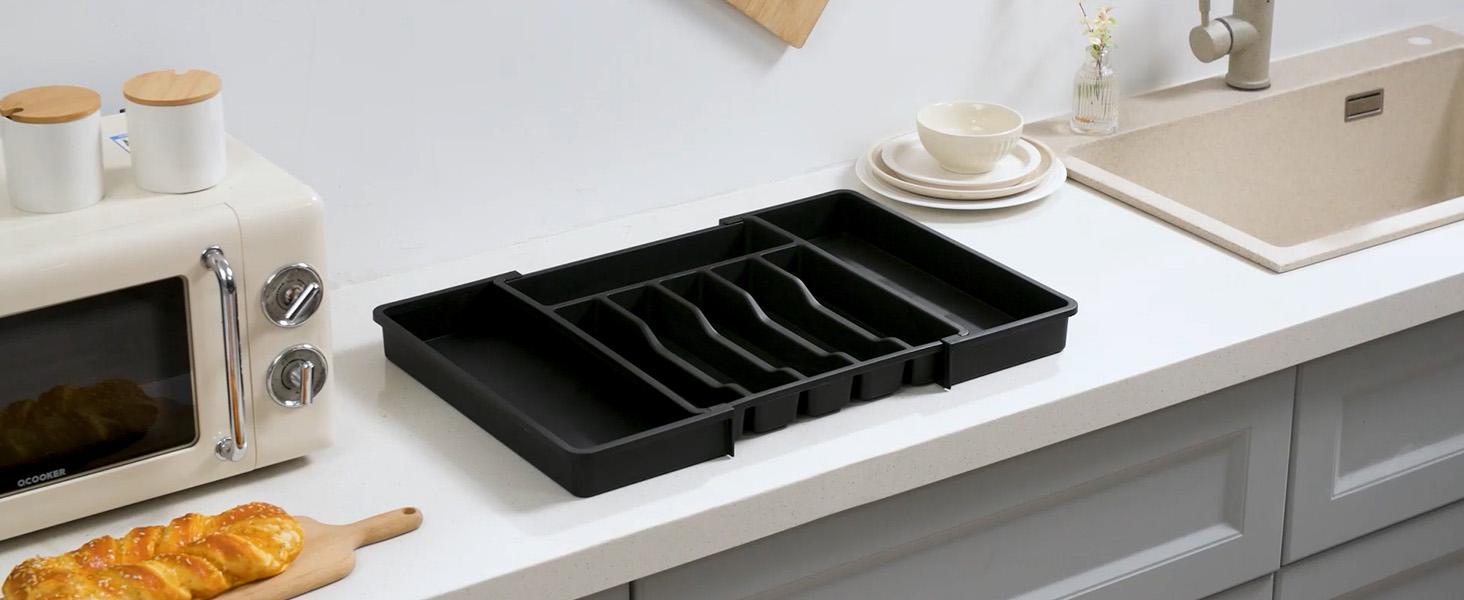 Silverware Drawer Organizer, Expandable Utensil Tray for Kitchen, BPA Free Flatware and Cutlery Holder, Adjustable Plastic Storage for Spoons Forks Knives, 8.5-14 x 12", Black