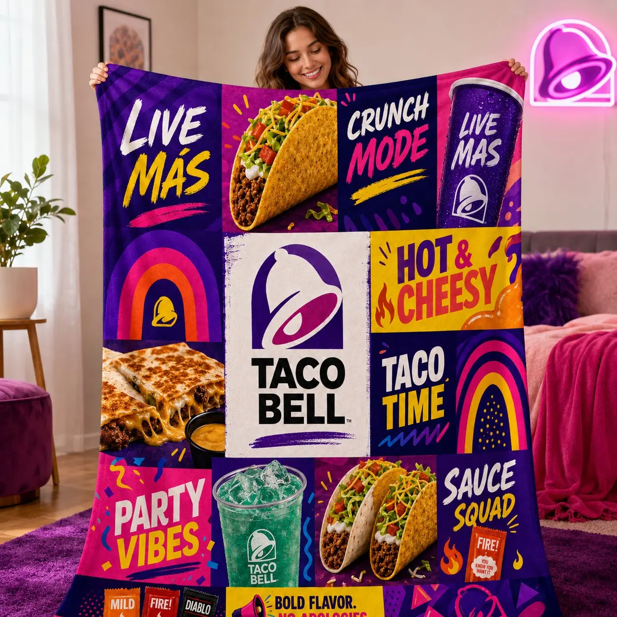 1pc Taco Bell Fast Food Trendy Collage Themed Fleece Blanket, Tacos, Drinks & Brand Elements All-Over Print, Energetic American Street Style. Soft Multi-use Throw for Sofa, Bed, Office, Camping, Ideal for Christmas Gifts, Graphic Throw Blanket