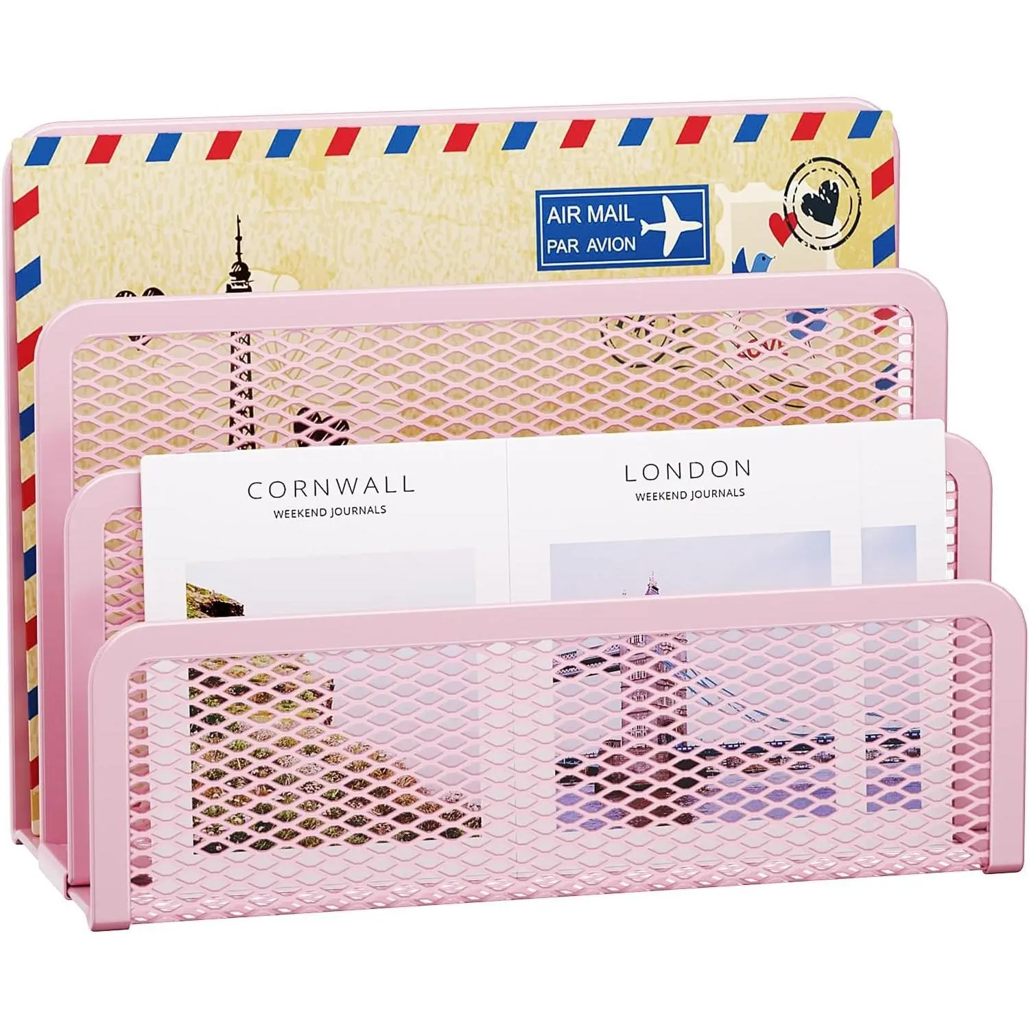 3-Slot Mesh Metal Mail Organizer for Desk, Countertop Letter Holder, Envelope and Document Storage Rack (Pink)