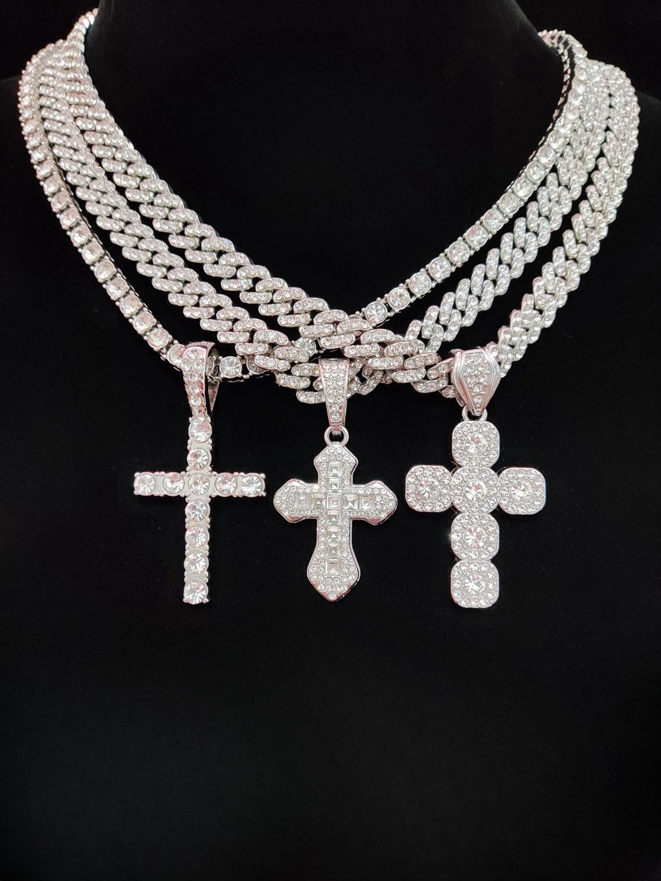 Rhinestone Cross Pendant Necklace for Men & Women, Couple Things, Necklace, Jewelry for Party, Accessories As Gift for Boyfriend & Girlfriend, Cuban Cross Necklace