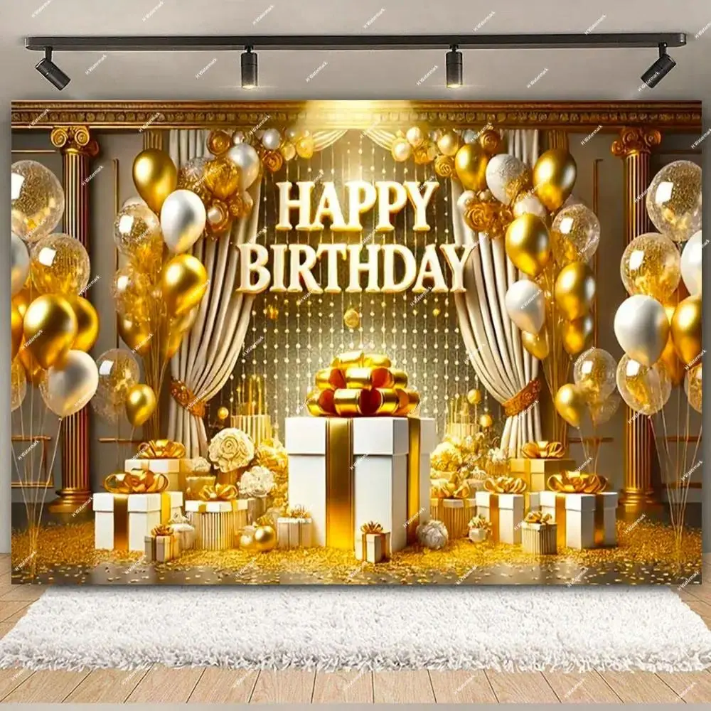 Synthetic Balloon Star Print Tapestry - Gold, Pink, Blue Wall Hanging Backdrop for Happy Birthday, Baby Shower, Anniversary - Polyester Home Decor Photography Studio Props (Indoor/Outdoor Use), Prints