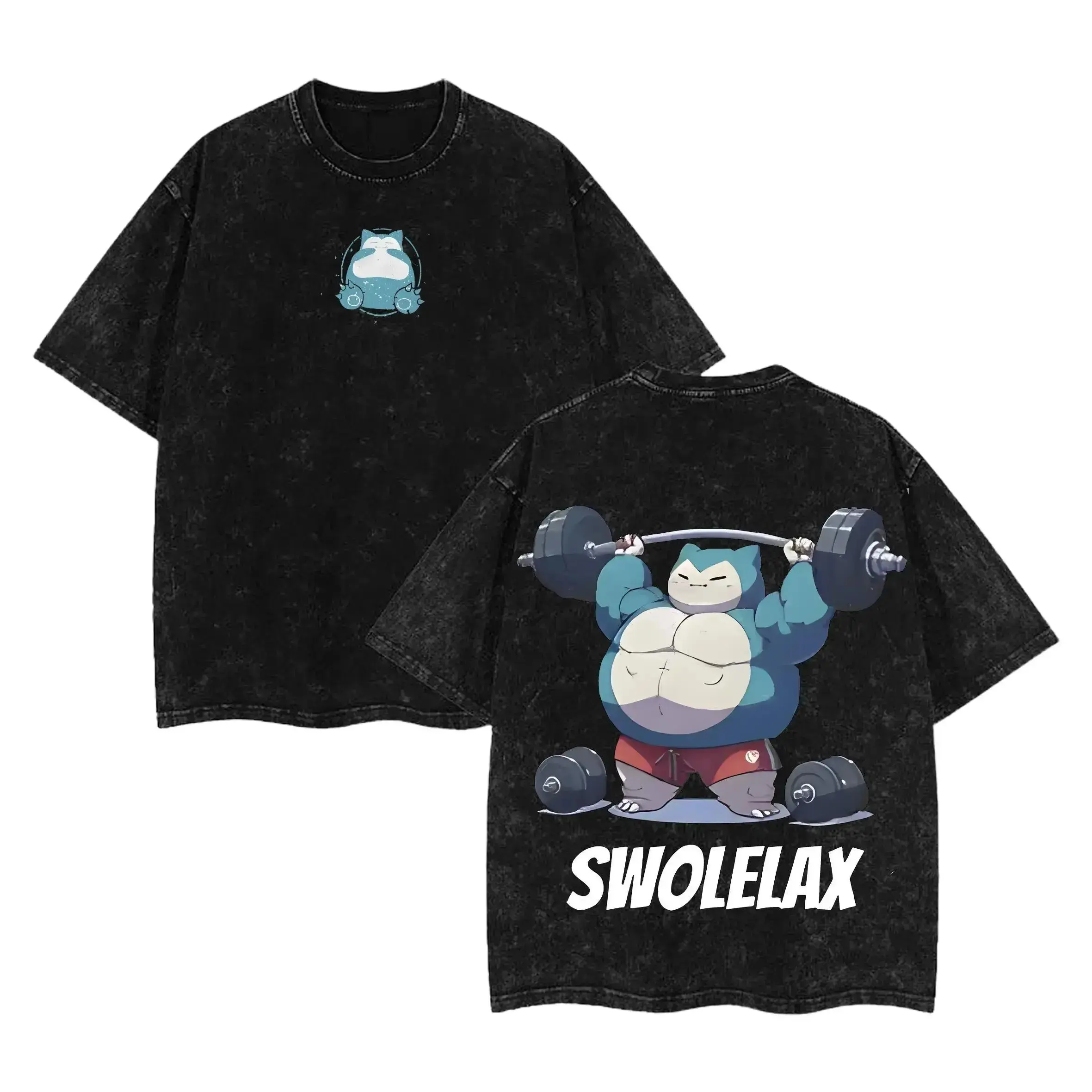 Men's Oversized Baggy Shortsleeve Round Neck Snorlax Anime Graphic T-Shirt - Heavyweight Vintage Washed Cotton Ribbed Menswear Top, Funny Workout Outfits, Anime Merchandise, Matching Gym Wear, Soft, Unisex, Black, All Seasons, Cute, Multi-Size