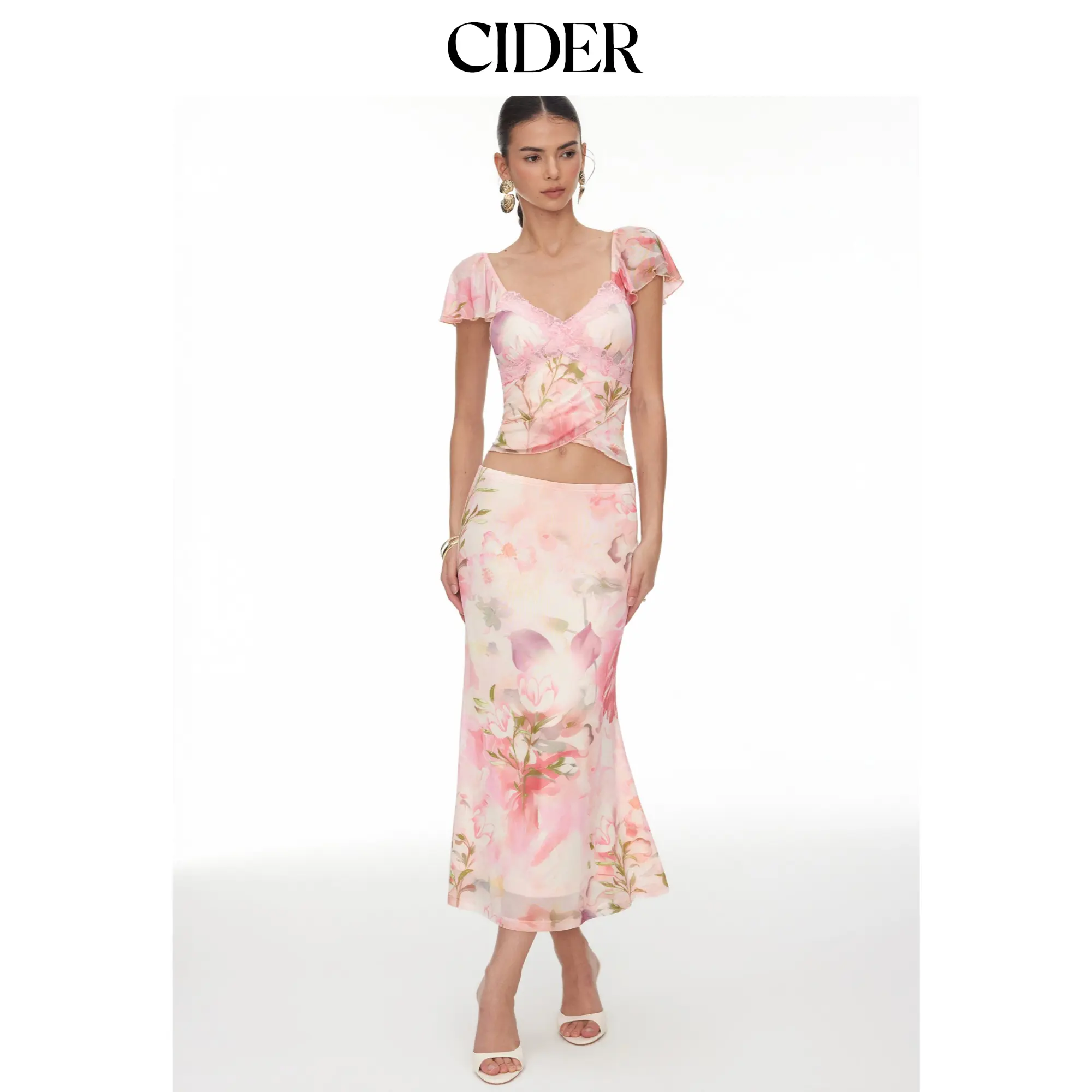 Cider Floral Lace Trim Top and Maxi Skirt Set SohoChic
