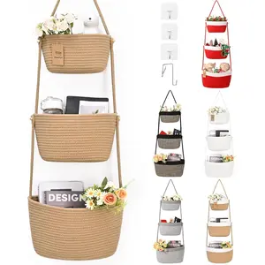 Over the Door Hanging Storage Baskets Cotton Wall Storage Baskets with 4 Hooks