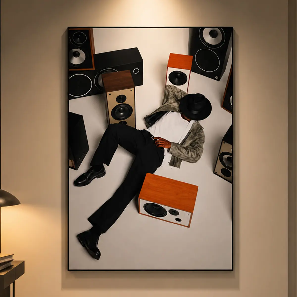 Retro Music Vinyl Poster Wall Art Print, Artistic Single-Sheet Paper Artwork Featuring a Black Man with Headphones, Speakers, Hand Photo and Tape, Vintage Music Decor, Listening Room Art, Audiophile Gift, Record Lover Gift, Man Cave Decor