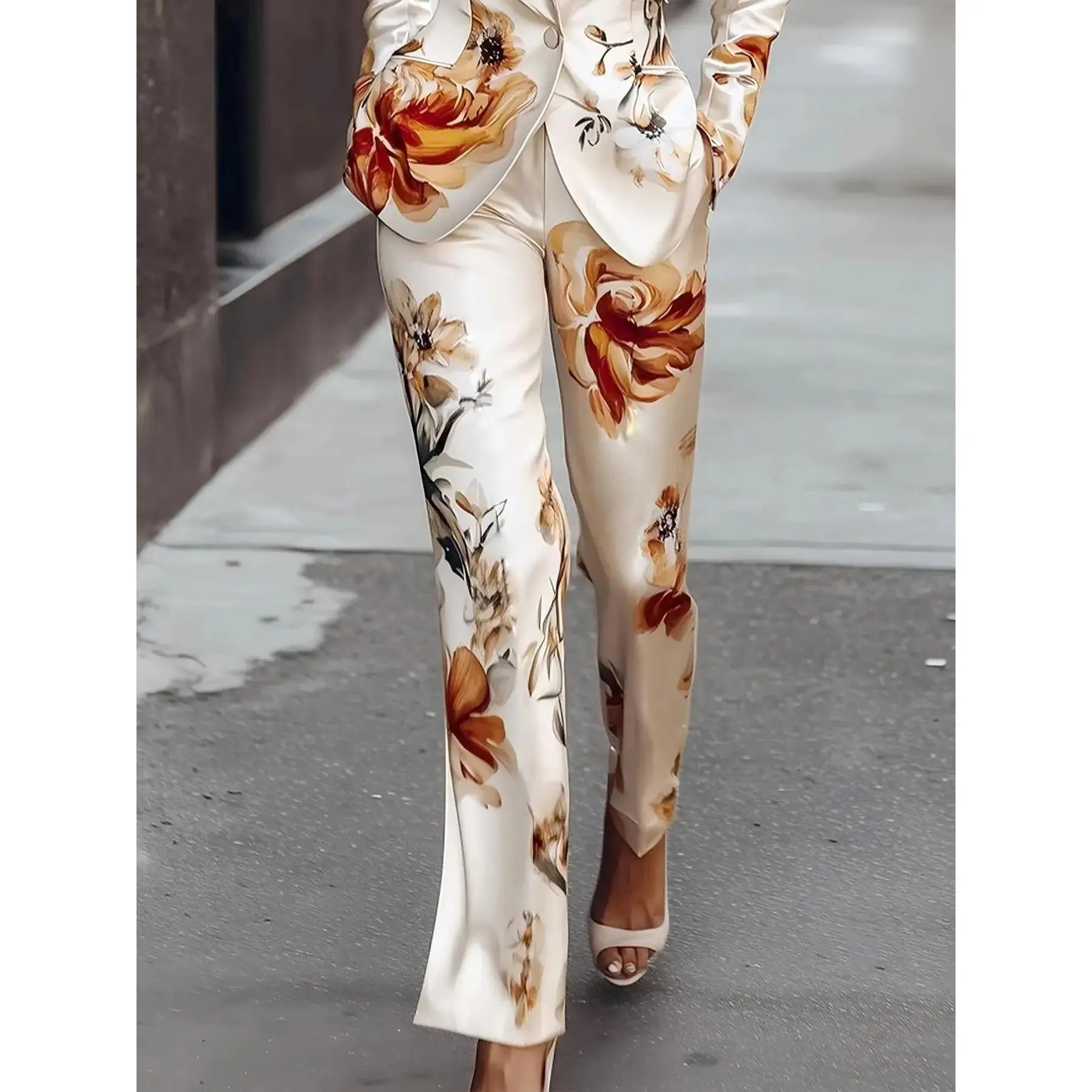 Two-piece Set Women's Floral Print Set, Elegant Fitted Chic Long Sleeve Button Tailored Blazer & Pants Set Suits, Women's Sleepwear for Spring & Fall, Womenswear