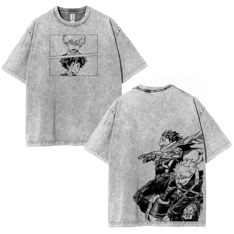 Midoriya Izuku Bakugou Katsuki My Hero Academia Print T-shirt Manga Harajuku Retro Washed T Shirt Men Women Clothing Cotton Tees