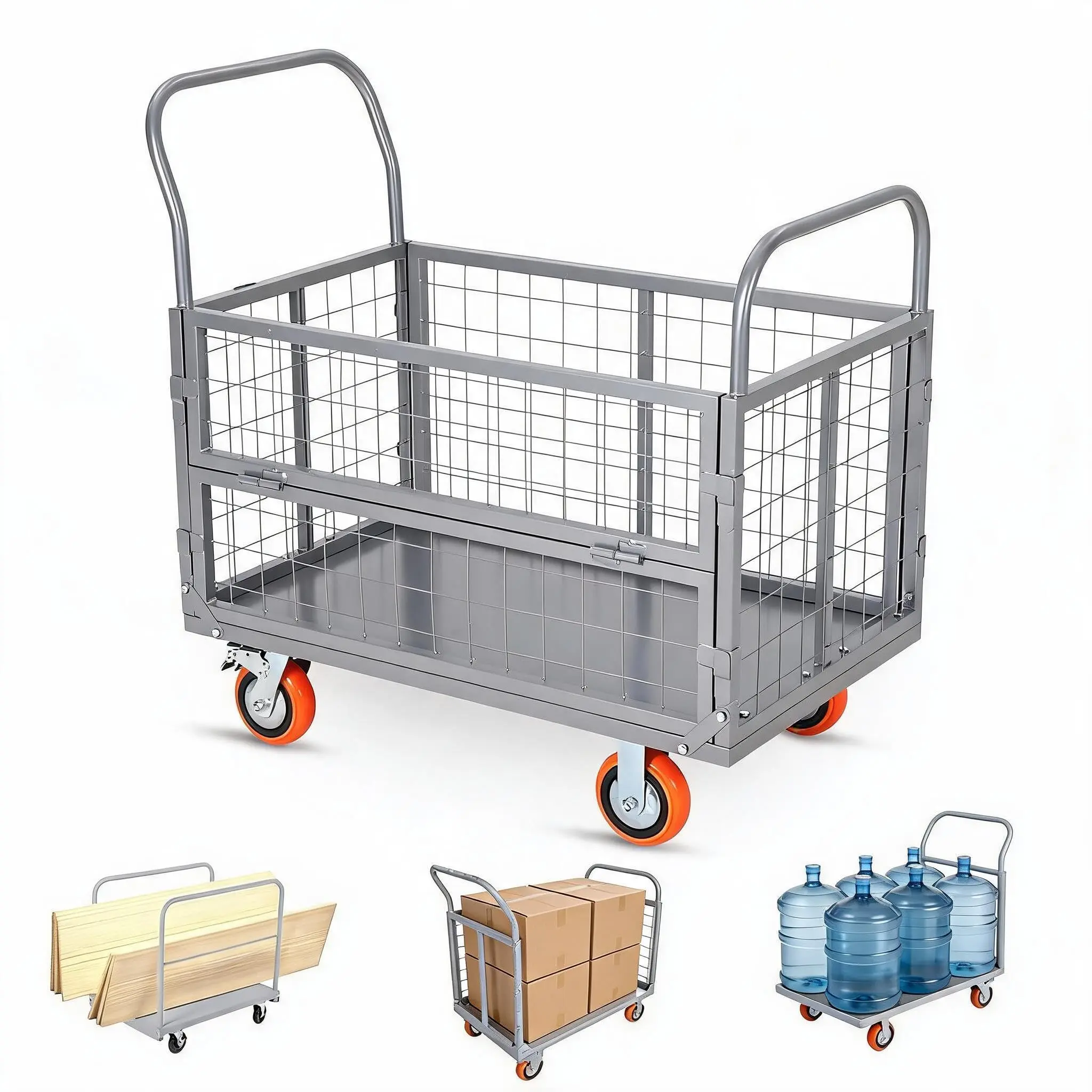 Garvee 6-in-1 Heavy Duty Trolley Work Cart on Wheels - 1800 lbs Capacity Convertible Flatbed Hand Dolly, Multifunction Rolling Carts with Removable Cage, Dual Handles, Locking Casters, Red/Black