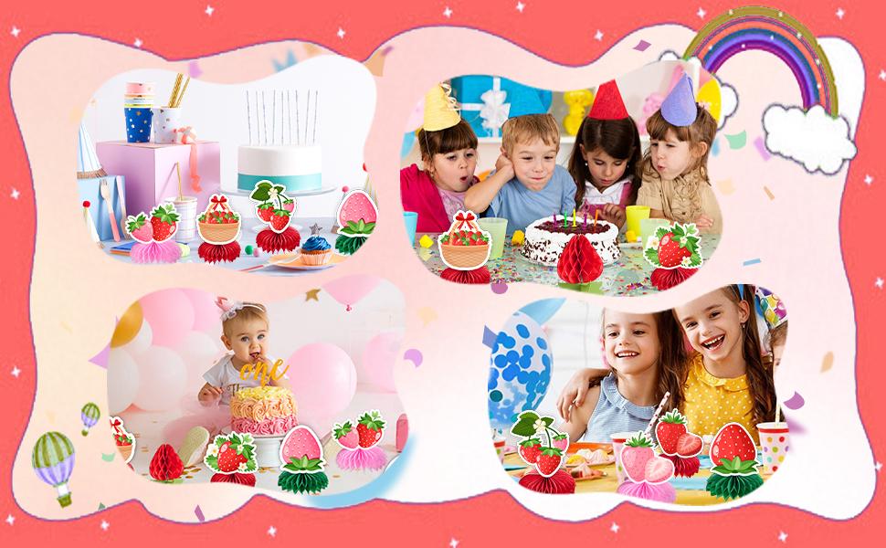 Sweet Strawberry Party Decorations, 12 Pcs Red & Pink Strawberry Honeycomb Centerpieces Table Toppers for Spring Summer Strawberry Theme Party, Birthday & Baby Shower Supplies