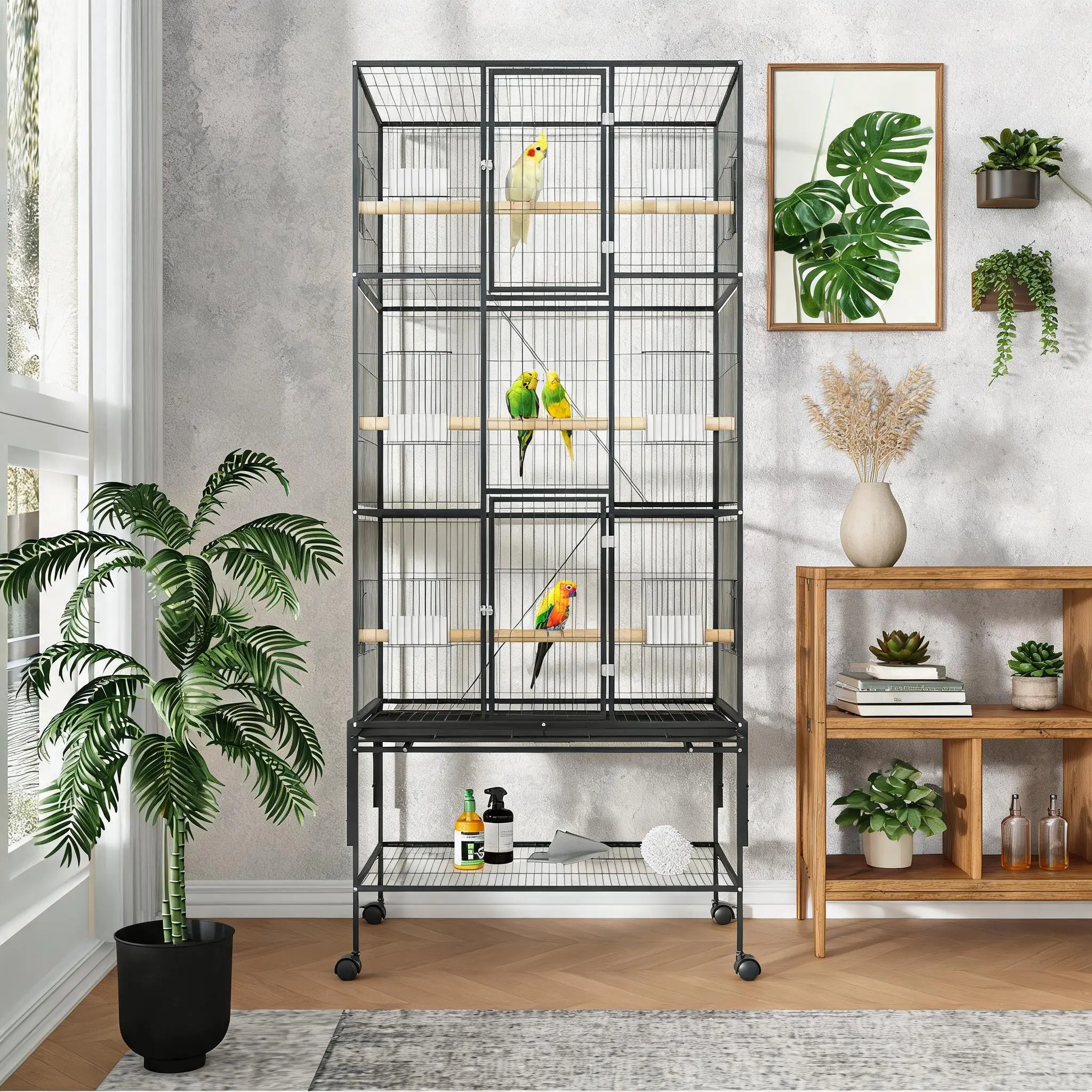 69-Inch Iron Frame Parrot Cage - Pet Bird Cage with Rolling Stand, Storage Shelves, Slide-Out Tray, Black