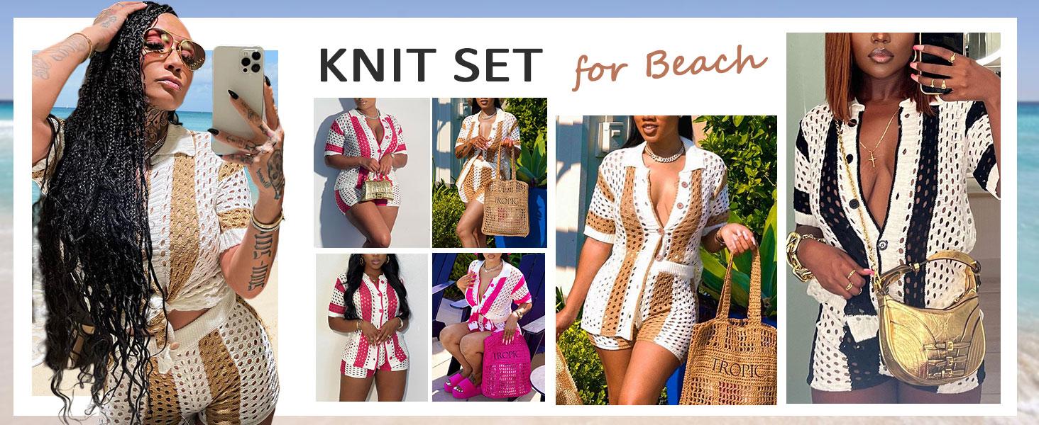 Short Sets Women 2 Piece Outfits Knit Color Block Short Sleeve Button Down Shirt and Shorts Set Color-Block Openwork Summer Vacation Style Two-Piece Set Hawaiian short-sleeved set Short Sets Women 2 Piece Outfits Knit Color Block Short Sleeve Button Down Shirt and Shorts Set Color-Block Openwork Summer Vacation Style Two-Piece Set Hawaiian short-sleeved set