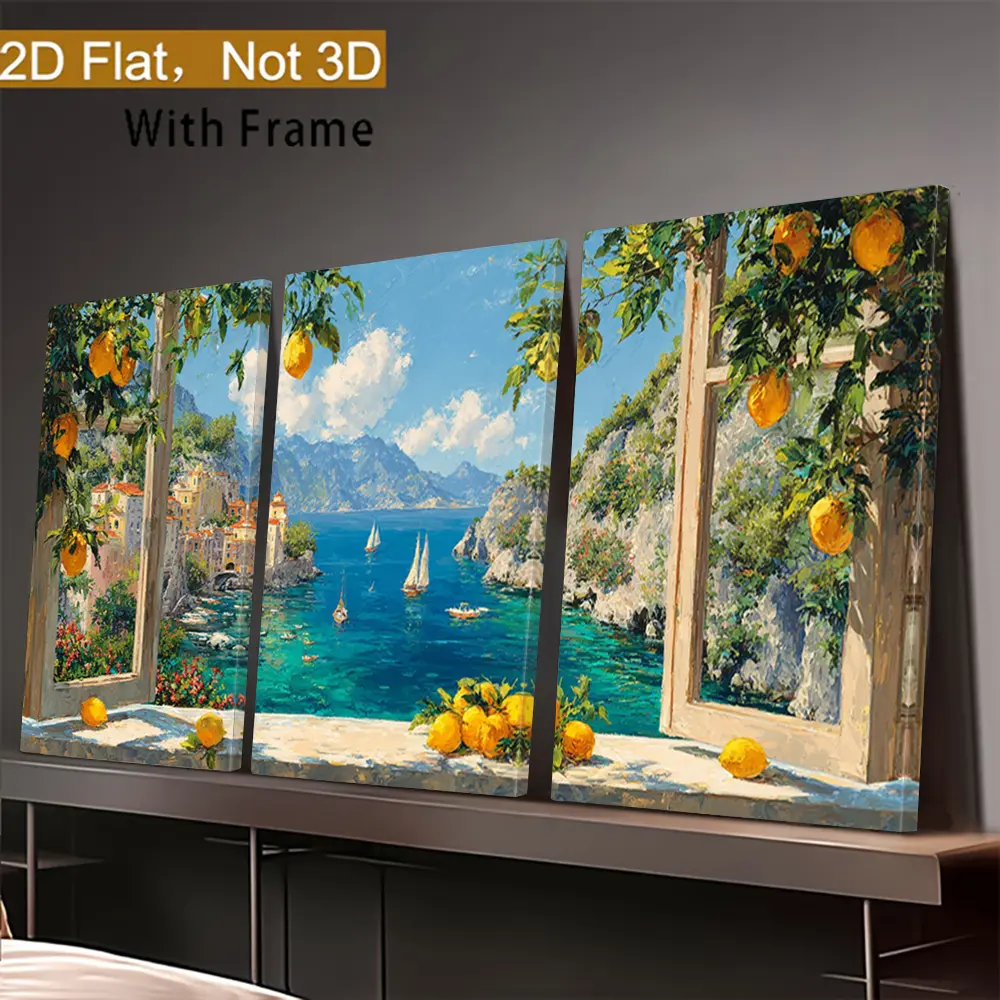 3-Piece Framed 2D Flat Art Prints Set - Coastal Scenes, Lemon Groves, Mediterranean Landscapes, Sunlit Windows View Vintage Posters for Modern Home Indoor Wall Decoration