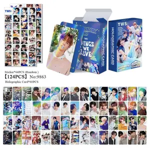 124PCS Kpop Boy Group TWS Laser Flash Cards Set Korean Star Double-Sided LOMO Photo Cards Collection with Stickers