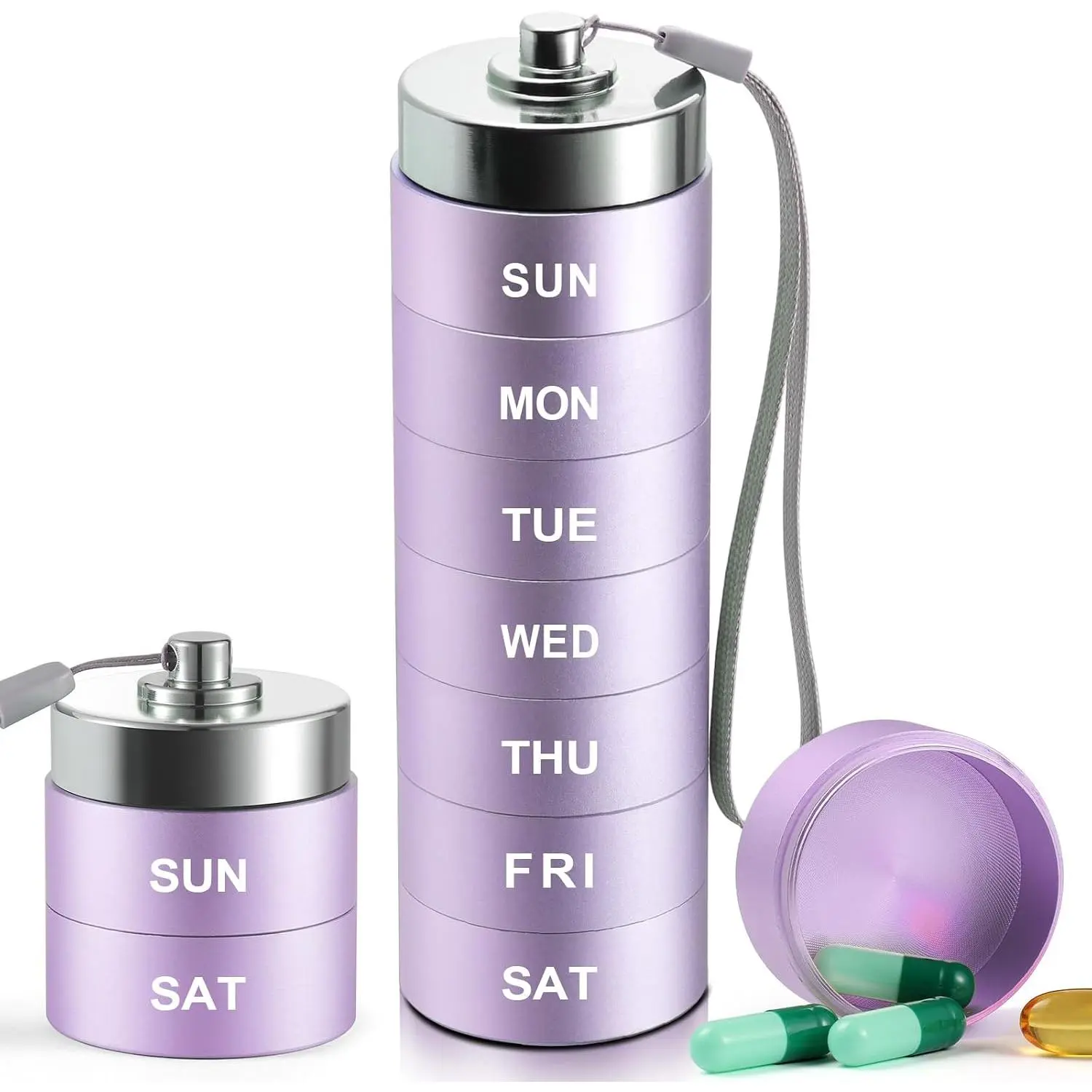 7-Day Large Weekly Pill Organizer - Aluminum Alloy Waterproof Seal Medicine Holder, Travel Tube Container for Vitamin, Fish Oil, Supplement (Purple)