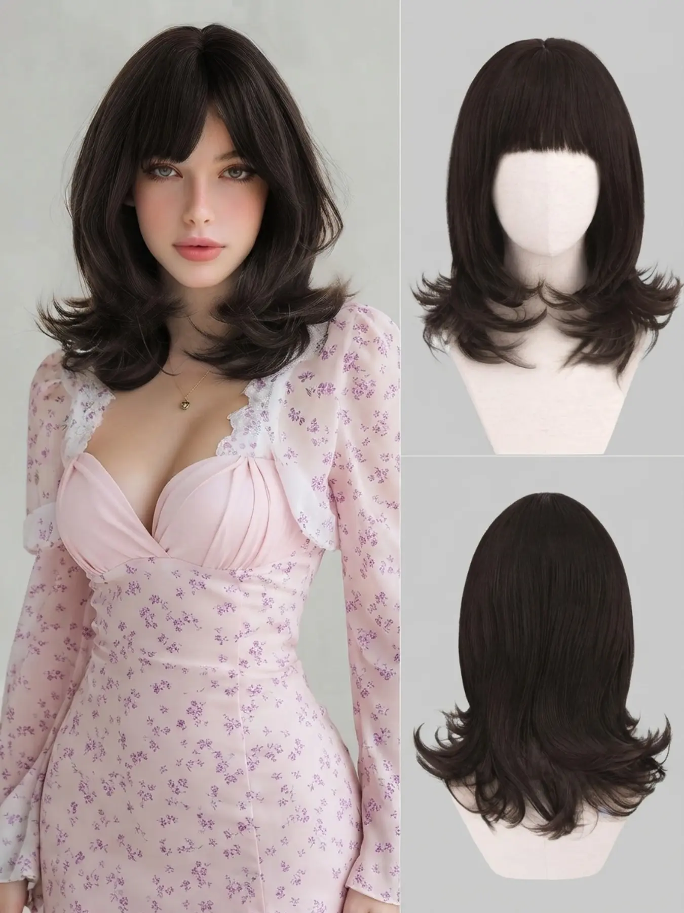 Natural Medium Length Layered Wig with Bangs, Fluffy Inner-Buckle Hairstyle for Women, Perfect Face-Framing Synthetic Hair, Breathable & Soft, Ideal for Daily Wear, Cosplay, & Parties, Easy to Style, Natural Looking Dark Brown/Black Wig