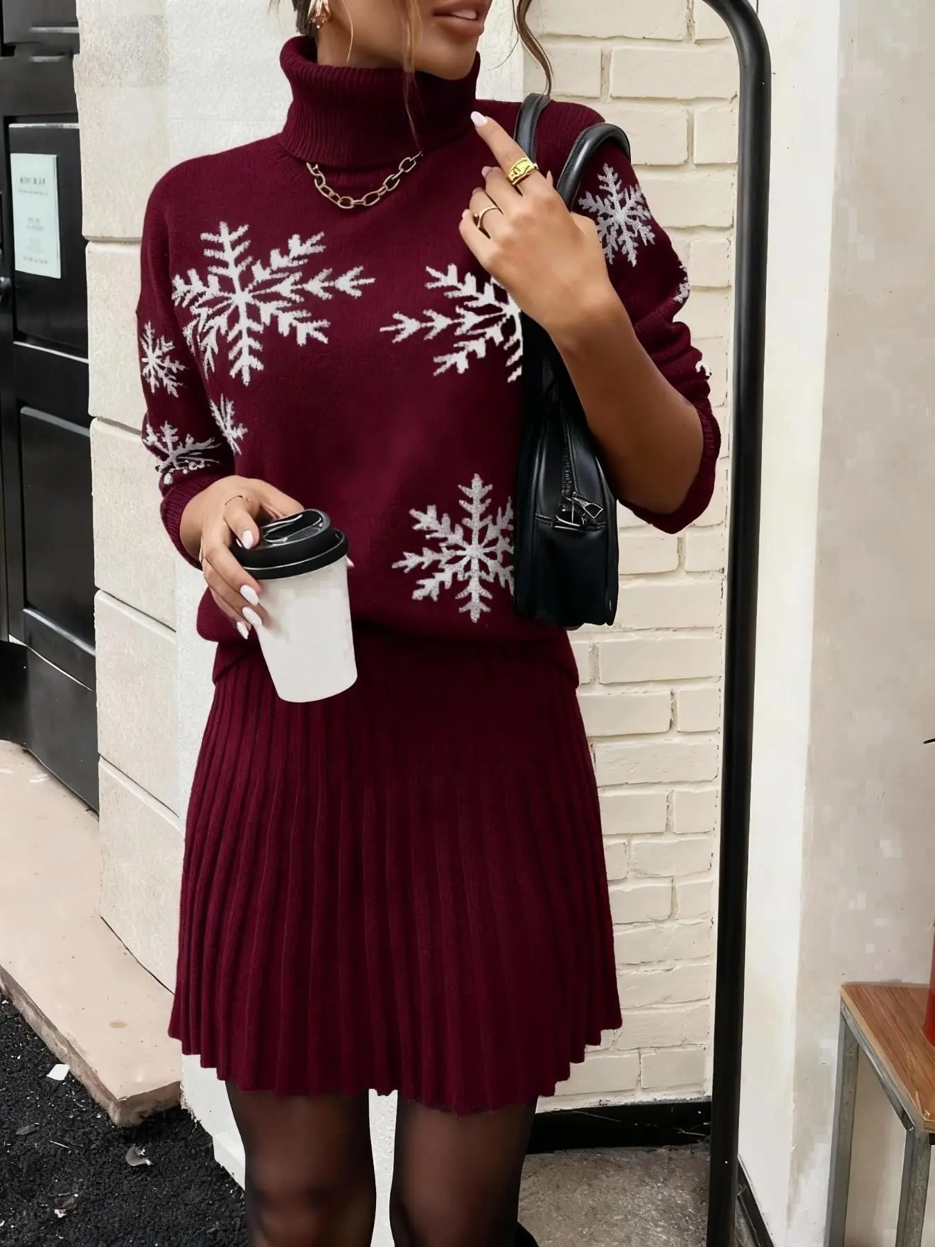 Women's Retro Christmas Knit Set, High Neck Slim Fit Pleated Skirt, Fall Winter Date Two-Piece, Christmas Party Wear