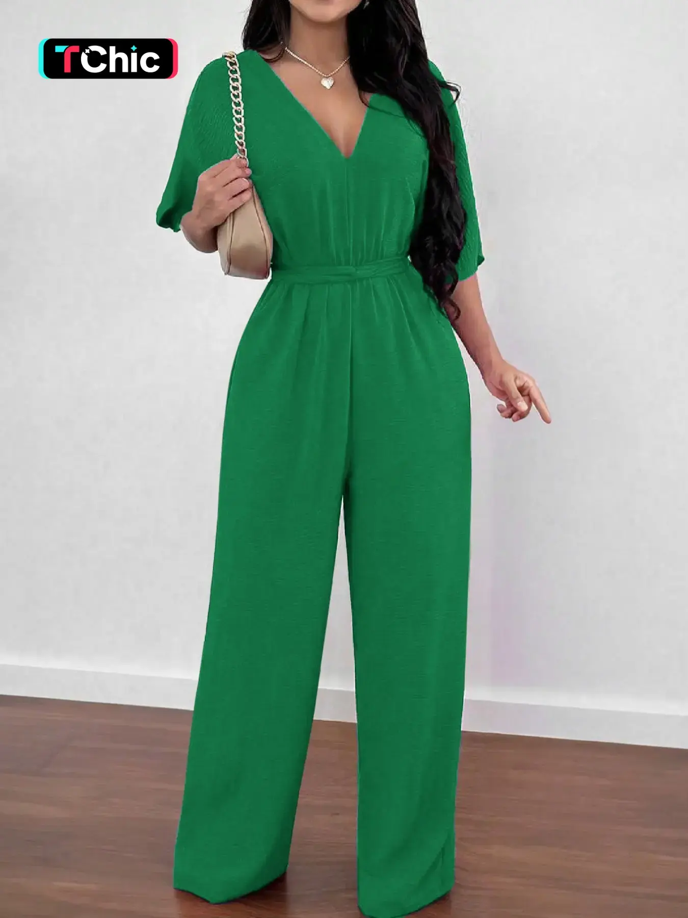 Women's V-Neck Short Sleeve Wide Leg Romper, Back Tieback Open Back Waist Cinch Belt Loose Long Jumpsuit with Pockets, Textured Fabric Elegant Sexy Casual Chic