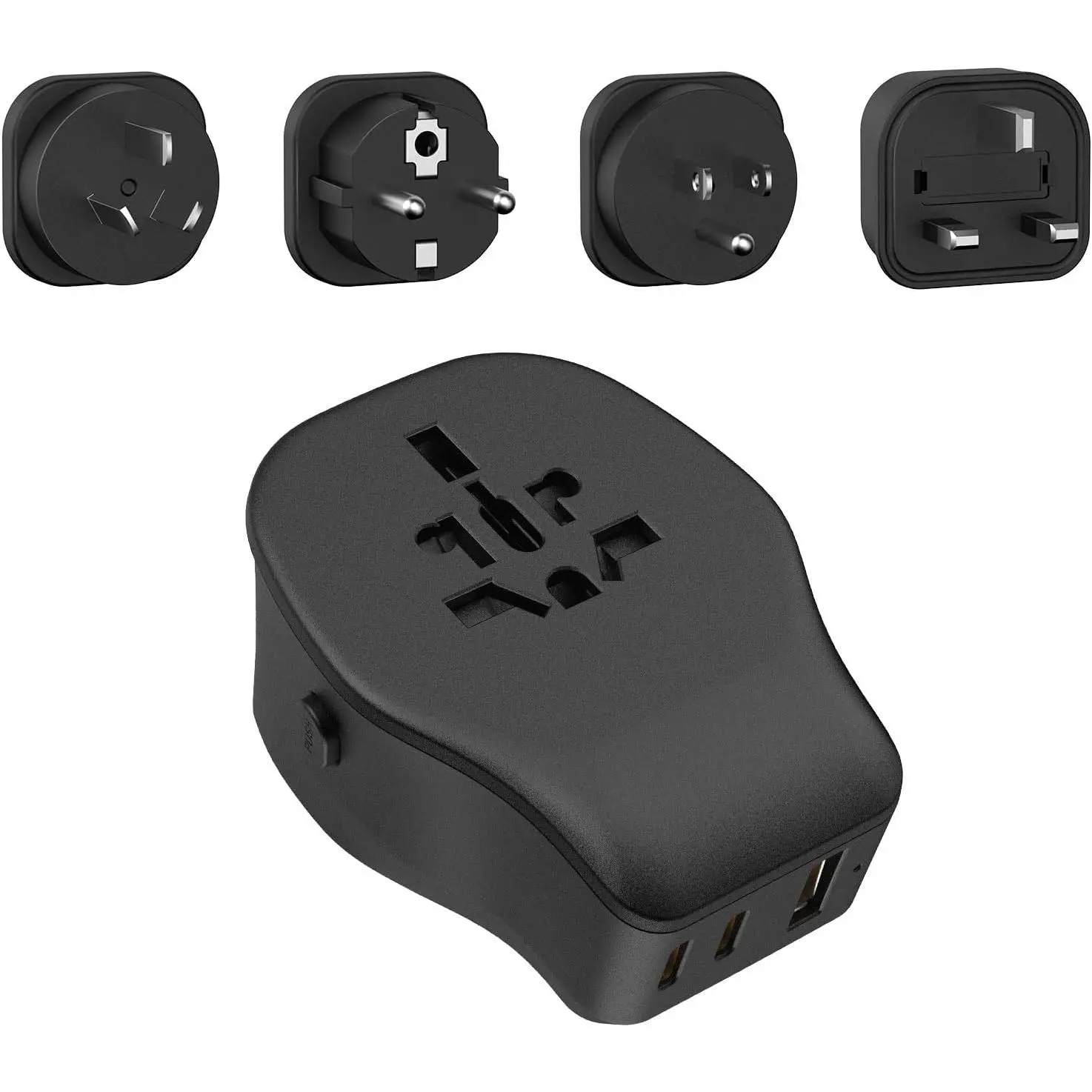International Travel Adapter Set with 3 USB Ports 1 AC Socket, Includes Type B, I, G, E/F Detachable Attachments for Using in European Countries, , Spain, , UK (Black)