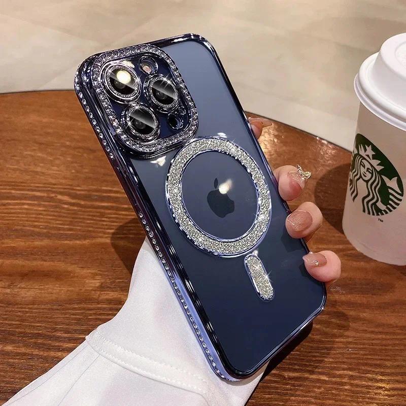 Luxury Bling Crystal Lens Film Phone Case For iPhone 15 11 12 13 14 Pro Max Plus Magsafe Magnetic Wireless Charging Clear Cover