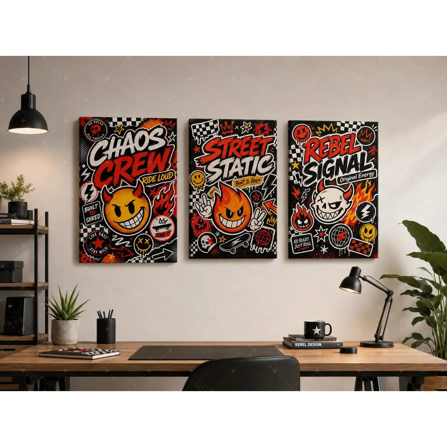 Graffiti Devil Emoji Triptych Canvas Poster Set, Red Black Streetwear Wall Art, "Chaos Crew" "Rebel Signal" Print for Teen Bedroom, Gaming Room, Office, Modern Aesthetic Home Decor Gift,wall decor,poster.