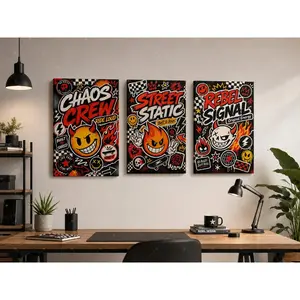 Graffiti Devil Emoji Triptych Canvas Poster Set, Red Black Streetwear Wall Art, "Chaos Crew" "Rebel Signal" Print for Teen Bedroom, Gaming Room, Office, Modern Aesthetic Home Decor Gift,wall decor,poster.