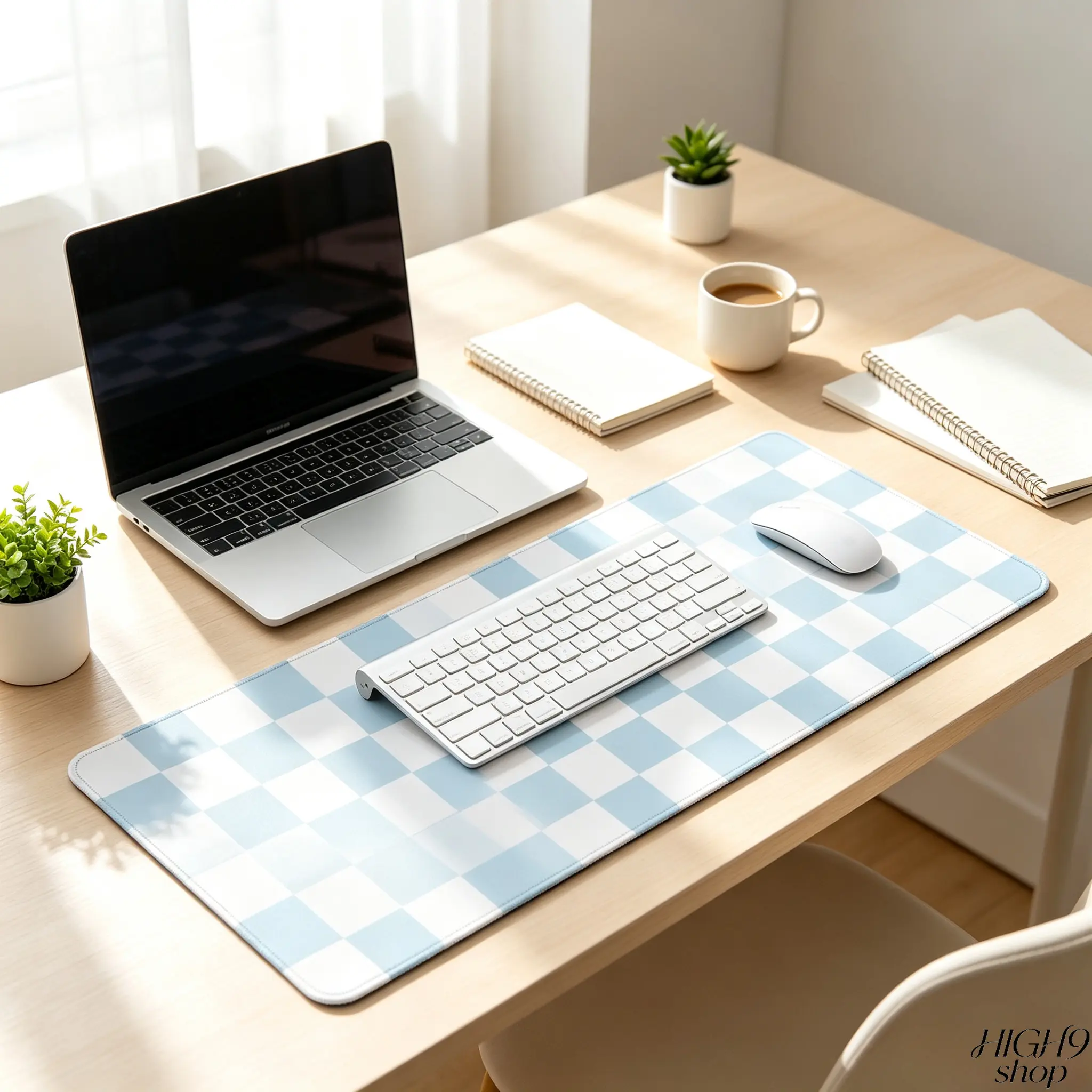 Pastel Blue White Checkerboard Extended Gaming Mouse Pad, Classic Checkered Non-Slip Rubber Lock Edge Large Desk Mat, Minimalist Aesthetic Desktop Protector Multi Sizes for Home Office Gaming