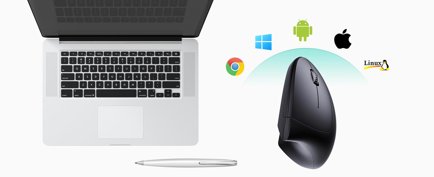 Bluetooth and 2.4G (2-in-1) Rechargeable Wireless Mouse, Ergonomic Vertical Design, 1000/1200/1600 DPI, 6 Silent Buttons, for Laptop, Computer, PC, MacBook, Chromebook-Black