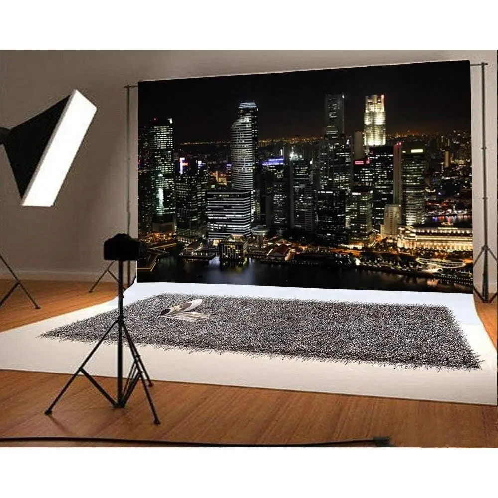 7x5ft Single Aerial View Famous Big City Photography Backdrop, Modern Night Skyline Skyscraper Urban Light Party Banner, Live Broadcast Video Photo Prop