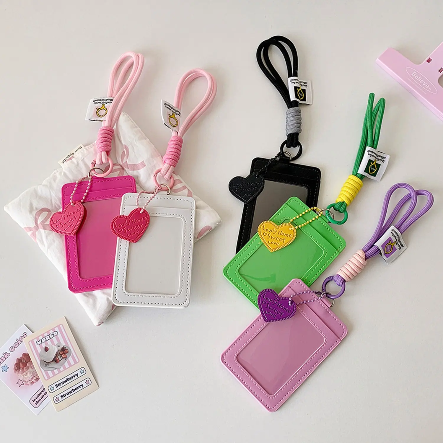 Cute Heart Pendant Keychain Strap, Soft PU Material ID Badge Holder, Colorful Portable Bus Card Protector, for Girls and Teens