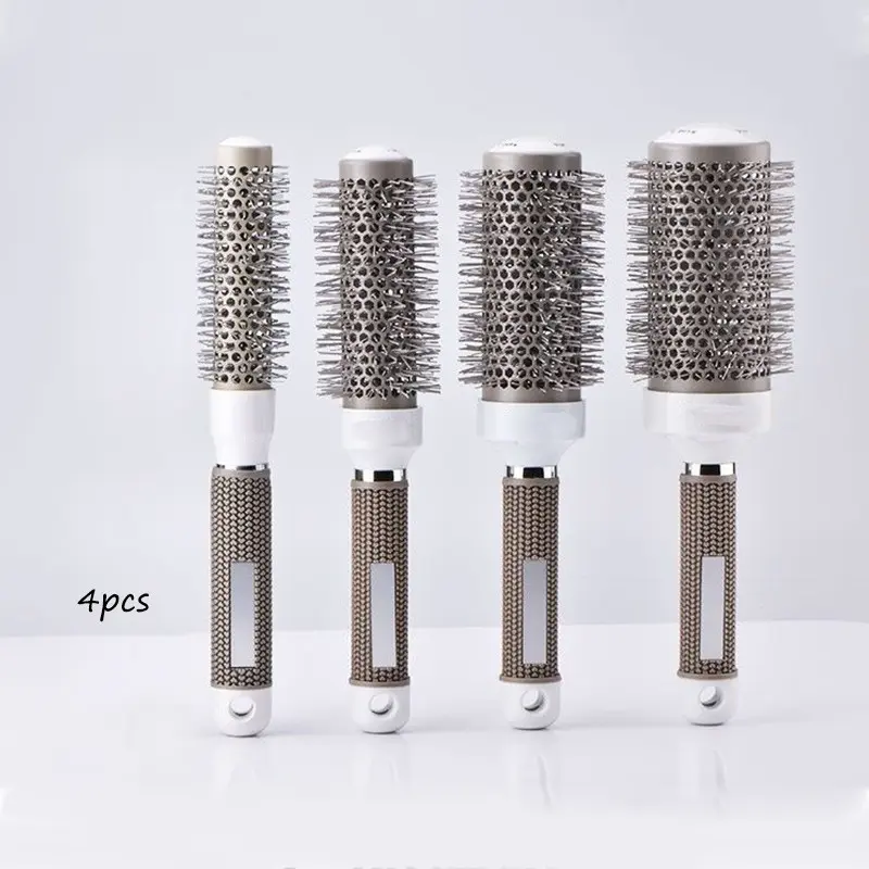 4pcs Roll Comb Set, Hair Styling Round Tube Comb, Nylon Curling Brush, Ceramic Aluminum Pipe Comb, Air Curling, Salon Style