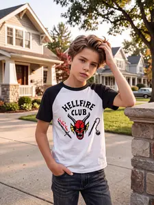 Genuine Authentic Official Licensed Stranger Things Crew Neck Boys T-Shirt, Trendy Hellfire Club Dice Flaming Sword Cartoon Print Kids Shirts, Skin Friendly Loose Basic Tops Age 4-13, Home Lawn Playground Casual Kids Clothes, Graphic Printed Tee