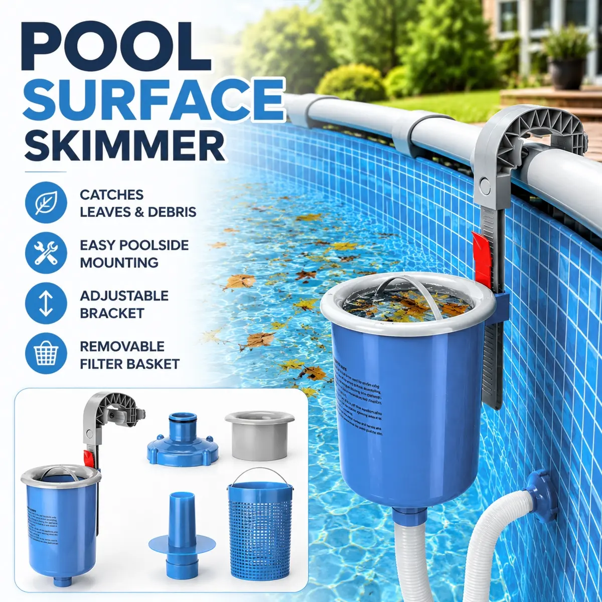 Pool Surface Skimmer, Wall-Mounted Automatic Leaf Debris Collector with Removable Filter Basket, Adjustable Height Bracket and Durable PP Plastic Body, Practical Pool Cleaning Accessory for Outdoor Backyard Swimming Pools, Pool Skimmers