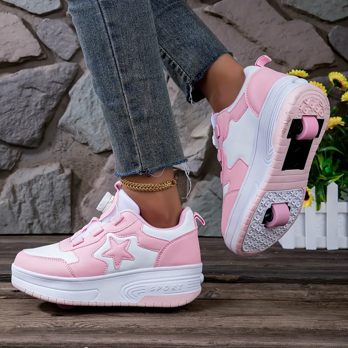 Girls' Pink Skate Shoes, Roller Skates with Detachable Wheels, Rotating Button Closure, All-Season Shoes, Holiday Gift