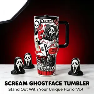 Horror Movie Ghostface Tumbler with Handle & Lid, Scary Slasher Collage Travel Mug, Gothic Halloween Coffee Cup, Horror Fan Gift for Women Men