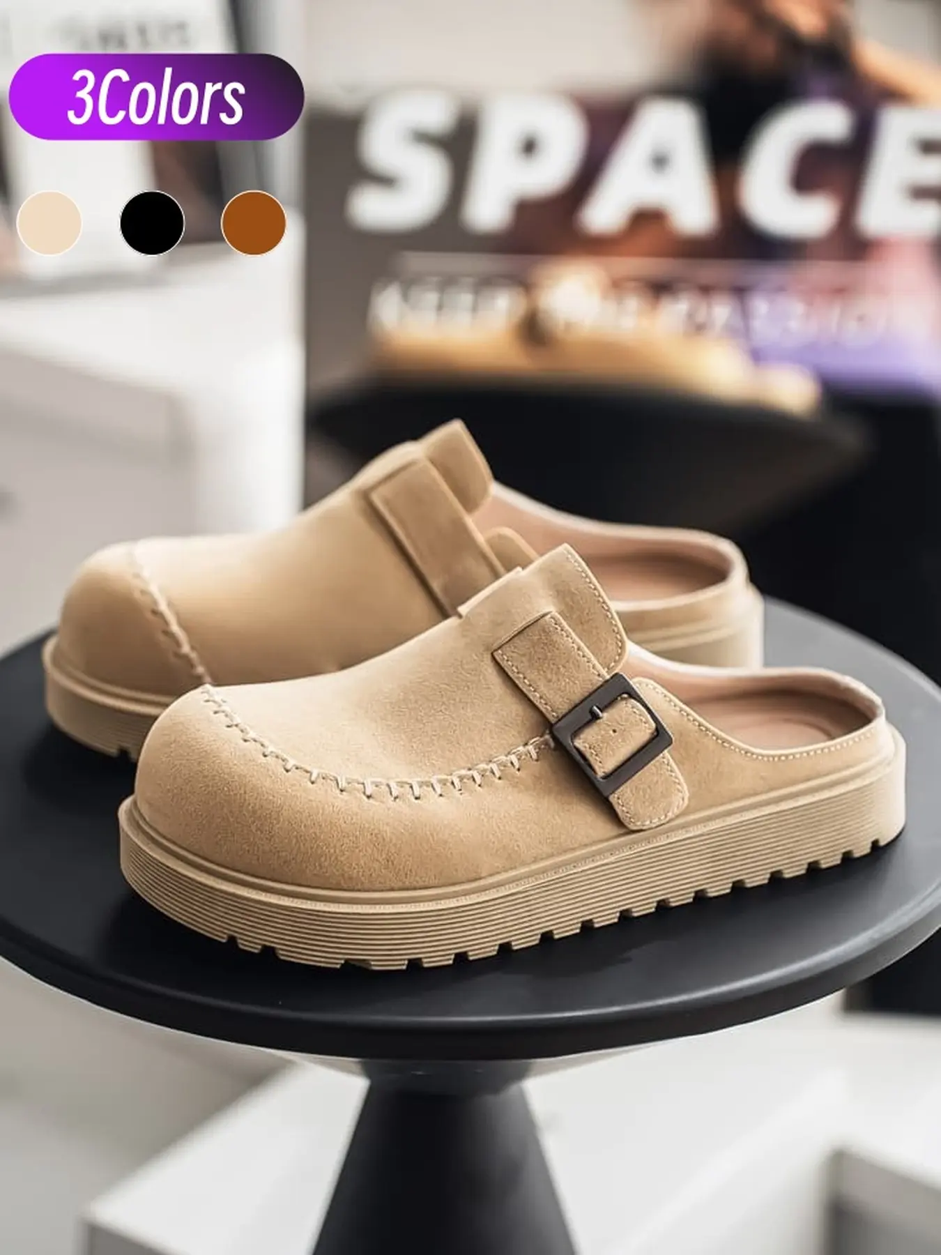 Men Vintage Suede Buckle Platform Mule Clogs Hand Stitch Slip On Casual Slides